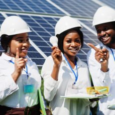 African american technician checks the maintenance of the solar panels. Group of three black engineers meeting at solar station. Hold led bulb.